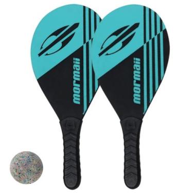 Imagem de Kit 2 Raquetes Mormaii Frescobol Praia Bola Saco Transporte, Azul