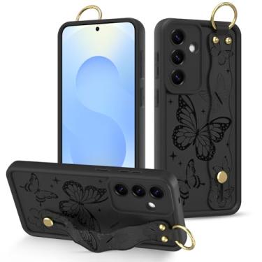 Imagem de Fiyart Capa projetada para Samsung Galaxy S25 Plus com alça de pulso, borboletas pretas fofas para mulheres meninas Slim TPU à prova de choque pulseira bumper S25+ 6,7 polegadas - preta