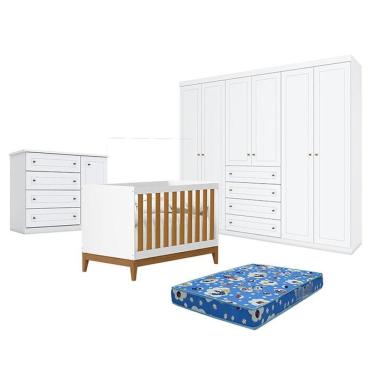 Imagem de Quarto de Bebê Americano 6 Portas com Berço Americano Flip Branco Acetinado Savana Reller e Colchão Ortobom - Henn