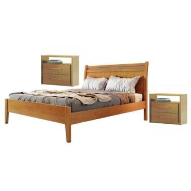 Imagem de Conjunto Quarto de Casal Cama Casal 140cm Madeira Maciça Ratan e 2 Mes
