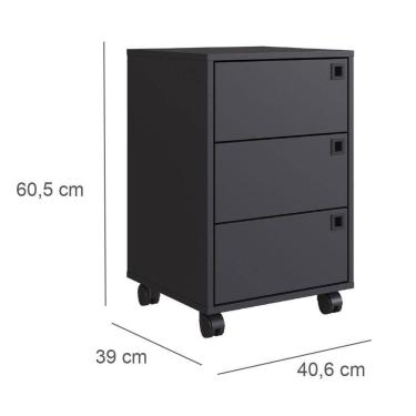 Imagem de Gaveteiro Roma Moderno 3 Gavetas com Corrediça Telescópica Preto