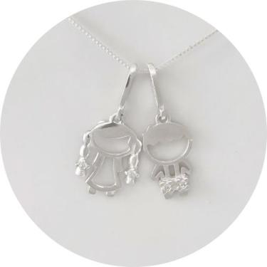 Imagem de Colar Prata 925 com Pingente Filhos 1 Menino 1 Menina + Caixinha Prese