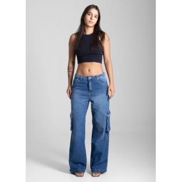 Imagem de Calça Feminina Jeans Wide Leg Cargo Sawary Premium Original Cintura Al