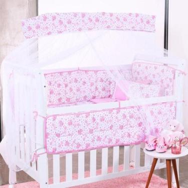 Imagem de Kit Berço 8 Peças Baby Elefantinho Rosa Malha 100% Algodão Antialérgic
