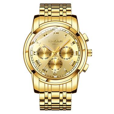 Imagem de Relógios automáticos masculinos, relógios mecânicos com mostrador de semana/calendário, pulseira de aço inoxidável, à prova d'água, relógio de pulso clássico, com mostrador luminoso, dourado