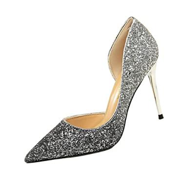 Imagem de Yihongmeiqi Sapatos femininos prateados de salto alto plataforma com strass pontiagudo salto alto sapatos de banquete, Prata - 1, 37