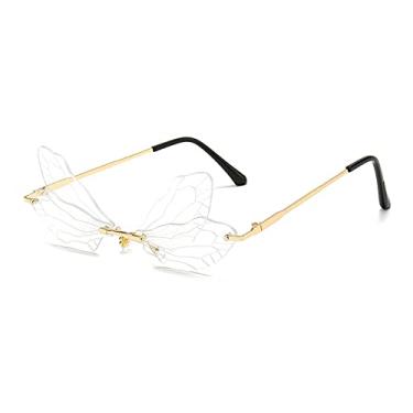 Imagem de Óculos de sol de asa de libélula sem aro moda feminina vintage lente oceano claro óculos masculinos rosa amarelo óculos de sol tons uv400,2, china