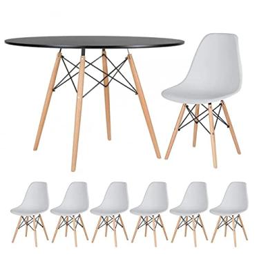 Imagem de Loft7, Kit - Mesa redonda Eames 120 cm preto + 6 cadeiras Eiffel Dsw Cinza claro