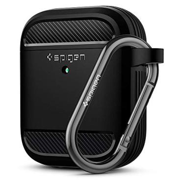 Imagem de Spigen Capa protetora Rugged Armor projetada para AirPods com chaveiro para AirPods 1 e 2 - preto fosco
