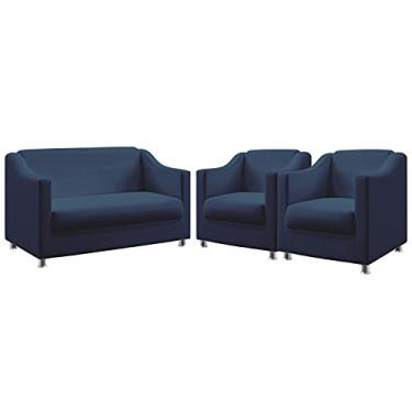 Imagem de Kit Poltrona Namoradeira e 2 Poltronas Decorativas Tilla Suede Azul Marinho Aradecor