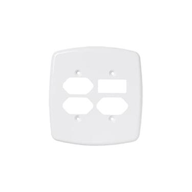 Imagem de Placa 4x4 para 2 tomadas 2P+T + 1 tecla + 1 tomada 2P+T - cor branca