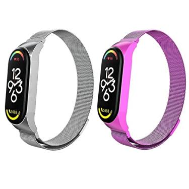 Imagem de Kit 2 Pulseira magnética de metal para Xiaomi Band 7 6 5 4 3, pulseira de substituição de aço inoxidável ajustável para smartwatch, adequada para mulheres, homens, esportes e trabalho. (Mi Band 3/4/5/6, Prata + roxo)