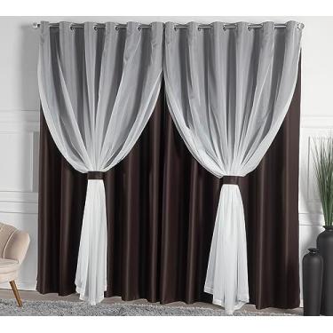 Imagem de Cortina Solaris Blackout/Bleucate de Tecido com Voil 3,00m x 2,50m Alt com Ilhós Cromado e Abraçadeiras - Tabaco