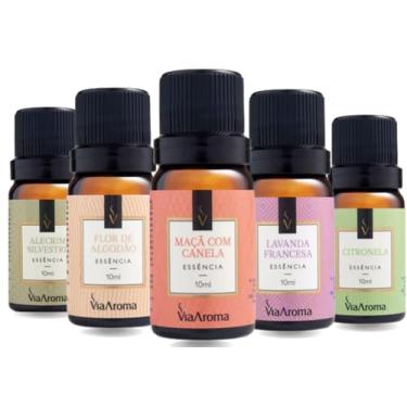 Imagem de Essências Para Aromatizador Difusor Elétrico Via Aroma 10ml Kit com 5 Unidades - Alecrim,Flor de Algodão,Maçã C/Canela, Lavanda Francesa,Citronela