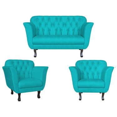 Imagem de Kit Namoradeira + 2 Poltronas Decorativa Dália Suede Azul Tifany Pés Madeira Ms Decor