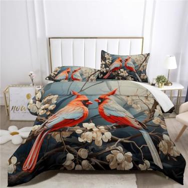 Imagem de Jogo de cama com estampa de pássaros cardeais, cama em um saco, 7 peças, lindo conjunto de cama com pássaros especiais do norte, incluindo 1 lençol com elástico + 1 edredom + 4 fronhas + 1 lençol de