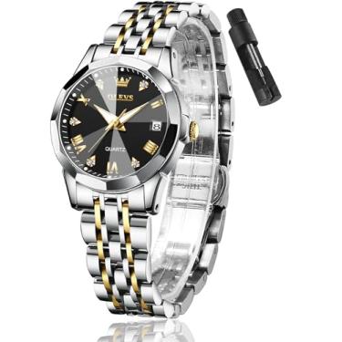 Imagem de OLEVS Relógios femininos dourados prateados de aço inoxidável, à prova d'água, analógicos, grandes, fáceis de ler, relógios de data e dia, relógios femininos prateados e dourados: mostrador preto,