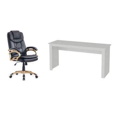 Imagem de Conjunto de Mesa Badesh Branca com Cadeira de Escritório Presidente Giratória com Relax Clark Preta e Dourada