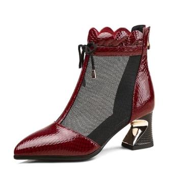Imagem de KAGAA Sapatos femininos de couro genuíno bico fino com zíper, salto de bloco com cadarço de 5 cm sandálias femininas feitas à mão ta121-1s, Vinho tinto, 36