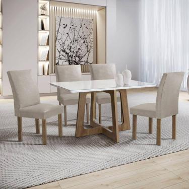 Imagem de Conjunto Mesa Arizona 120cm com 4 Cadeiras Canela Tampo Smart Plus com Vidro Chocolate/Off White/Bege Claro