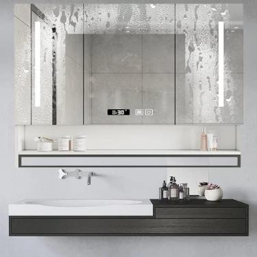 Imagem de Armário de remédios para banheiro de 36" x 28" com luzes, armário de banheiro antiembaçante com barra de toalha, armário de espelho iluminado com armazenamento e iluminação LED, branco, 28 x