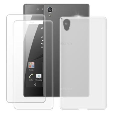Imagem de MILEGOO Capa premium para Sony Xperia Z5 + 2 peças protetoras de tela de vidro temperado, capa de TPU de silicone macio à prova de choque para Sony Xperia Z5 Premium (5,5 polegadas) branca