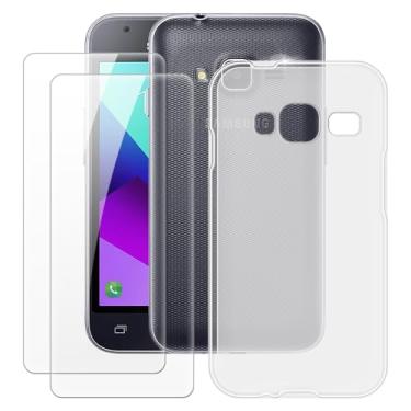 Imagem de MILEGOO Capa para Samsung Galaxy J1 Mini Prime + 2 peças protetoras de tela de vidro temperado, capa de TPU de silicone macio à prova de choque para Samsung Galaxy V2 (4 polegadas) branca