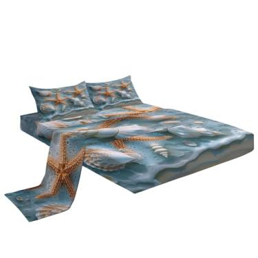 Imagem de Eojctoy Jogo de lençol ultramacio com tema de concha de estrela do mar, 4 peças, fácil de cuidar com lençol solteiro de 40,6 cm, confortável e respirável para casa