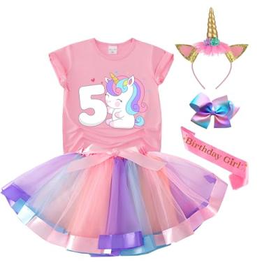 Imagem de Tutu and Sian Roupa de aniversário de unicórnio para meninas – camisa, vestido de saia tutu, coroa de aniversário, laço de cabelo e faixa de cetim, Unicórnio 5 anos, 4-5 Years