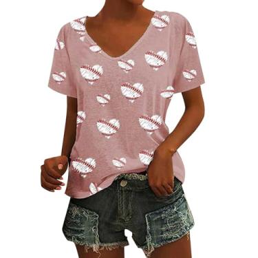 Imagem de Camiseta feminina de beisebol, estampada, manga curta, gola V, folgada, presentes engraçados, túnica, camiseta de verão, rosa, M