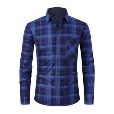 Imagem de Askdeer Camisa masculina de flanela de ajuste regular, camisas de pelúcia xadrez, manga comprida, camisa casual com bolso, Painel azul A01, GG