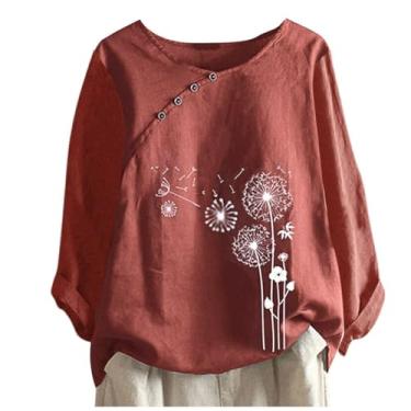 Imagem de Blusa feminina de manga comprida com botões e linho de algodão, estampa floral, caimento solto, casual, gola redonda, Laranja, GG