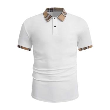 Imagem de GORGLITTER Camisa polo masculina xadrez manga curta gola botão para baixo gola camiseta, Branco, GG