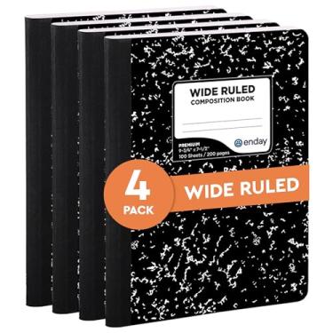 Imagem de Emraw Livro de redação de capa estilo mármore preto e branco com 100 folhas de papel branco pautado largo (pacote com 4)