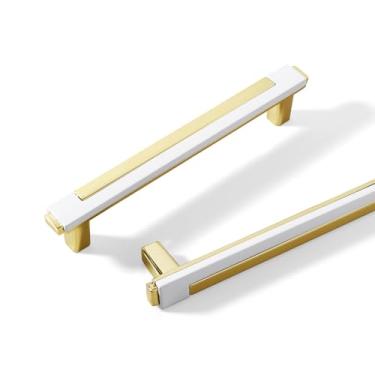 Imagem de Kcmwsy Pacote com 5 puxadores de armário brancos e dourados puxadores de armários de cozinha de liga de zinco para armário de cômoda (5, ouro branco, 218 mm)