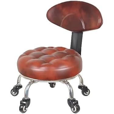 Imagem de Tamborete de assento de rolo baixo com encosto, cadeira móvel de baixa altura, rotação de 360 ​​° para loja de garagem, escritório doméstico, almofada de couro, marrom