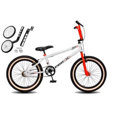 Imagem de Bicicleta Aro 20 BMX PRO X S1 Pneus Faixa Bege V-Brake e Rodinhas,Branco Laranja