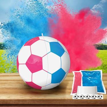 Imagem de Bola de futebol reveladora de gênero com pó rosa e azul - Jogo de festa revelador de gênero para bebês para chás e celebrações - Inclui 1 bola e 2 pacotes de cores (azul/rosa)