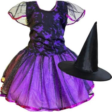 Imagem de Fantasia Vestido Bruxinha Roupa Infantil Criança Chapéu Luxo (Roxo Malévola Assustador, GG (veste 9-11 anos))