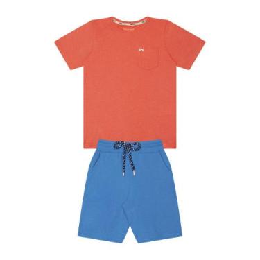 Imagem de Conjunto Infantil Menino, Camiseta Flamê Coral e Bermuda Azul Royal - 