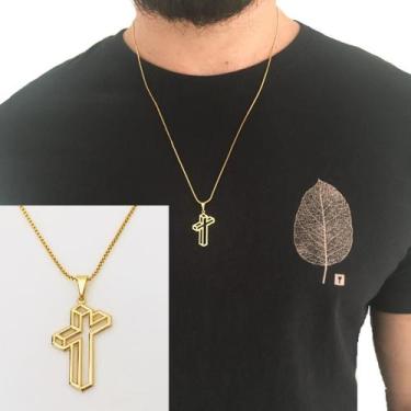 Imagem de Cordão Corrente 60 cm Masculino Pingente Cruz Crucifixo Folheado a Our