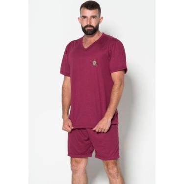 Imagem de Pijama Gola V Masculino Fechado Conjunto Curto - WLS Modas, Vinho, G, 
