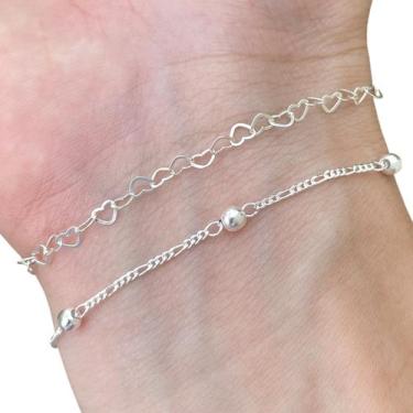 Imagem de Kit 2 Pulseiras Elos de Corações Bolinha Prata 925 Feminina - Hakuna J