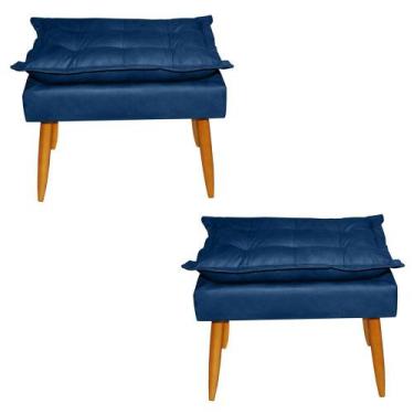 Imagem de Kit 02 Puffs Banqueta Retangular Opala Suede Azul Marinho Pés Madeira 