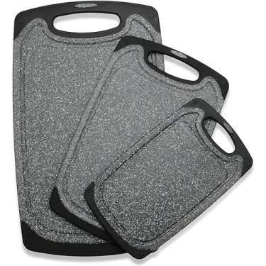 Imagem de Tábuas de corte para cozinha, conjunto de 3 tábuas de corte de plástico com pés antiderrapantes, sulcos de suco, cabo de fácil aderência, livre de BPA, não poroso, seguro para lava-louças, vários