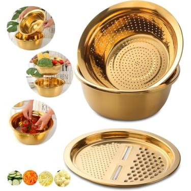 Imagem de QOBIMOON Conjunto de 3 pçs/conjunto de escorredor, cortador de vegetais de aço inoxidável, descascador de batata, ralador de cenoura, utensílio redondo, lavador de arroz, cesta de drenagem, ouro