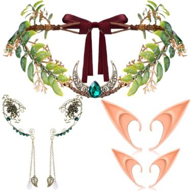 Imagem de Janinka Conjunto de 7 peças de cosplay de elfo de Halloween inclui tiara de fada floresta, faixa de cabeça de elfo, orelhas de elfo para fantasia feminina, como mostra a imagem, as the picture shows