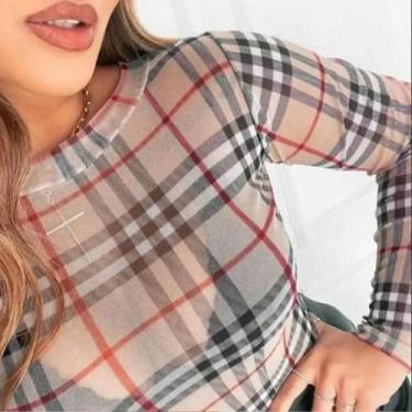 Imagem de Body  lurex Brilho Blusa Tule Plus Size Transparente  Estampas Xadrez 