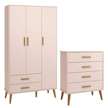 Imagem de Comoda Gaveteiro e Guarda Roupa Isis Retrô 3 Portas 2 Gavetas Rosa Fos