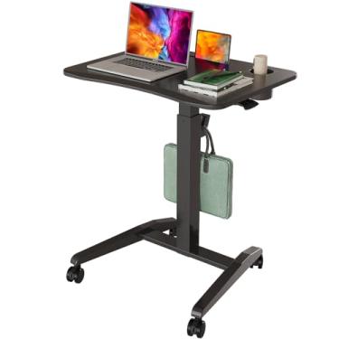 Imagem de Gibbon Mounts Mesa de pé móvel, mesa de laptop com rodinhas ajustáveis em altura com suporte para copos, mesa portátil de 68 cm com rodas e gancho, mesa pneumática para computador, preta